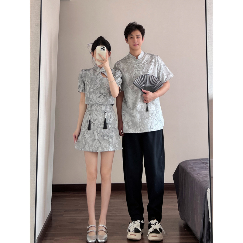 커플 여름 새로운 중국 세트 컬러 CHEONGSAM 여성의 짧은 소매 스커트 크로스 국경 머리카락