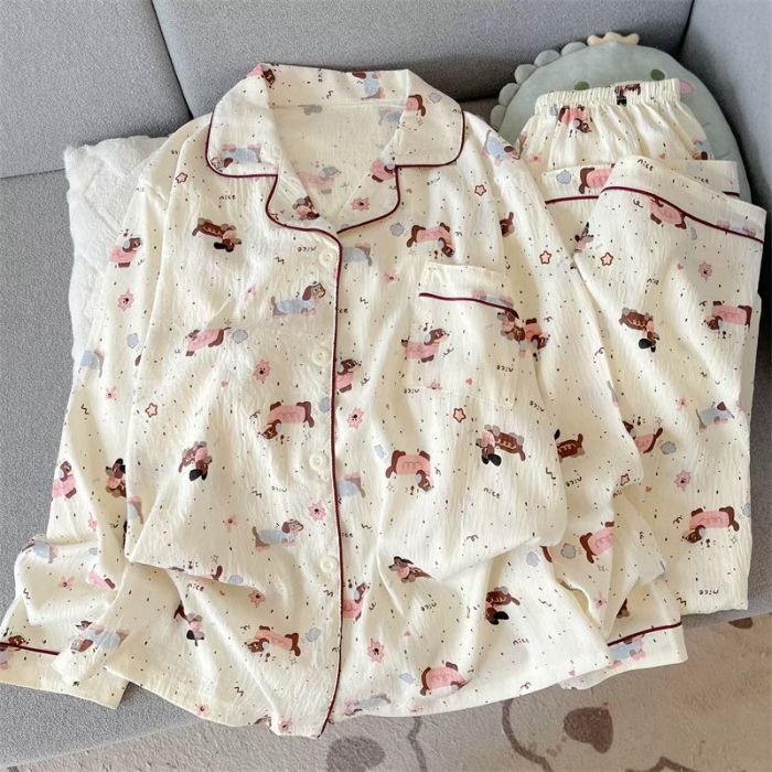 Al por mayor transfronterizo cien pijamas de verano mujeres 2025 nuevas nubes de algodón pantalones de manga larga dibujos animados lindos ropa para el hogar