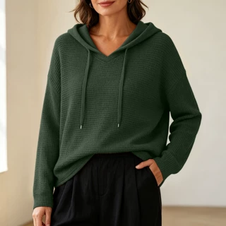 欧美女装亚马逊独立站2026新款宽松纯色连帽抽绳卫衣华夫格外搭