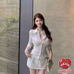 亚麻白色polo领七分袖衬衫女秋季极简风套装包臀半身裙裤裙两件套