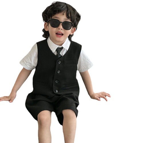 Boy's Vest Shorts Set 2024 Spring Summer New May Day Children's Performance Costume Kids' Korean Style Single Button Dress