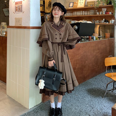 レトロな日系学院風少女jkワンピースシンプルcla系優雅なロングスカート秋冬loスカートマントセット