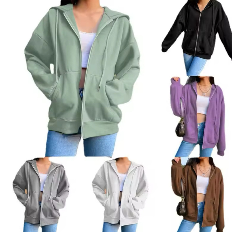 2024 Amazon New Solid Color Hooded Sweater Long Sleeve American Street Loose Solid Color Zipper Cardigan Top Trendy