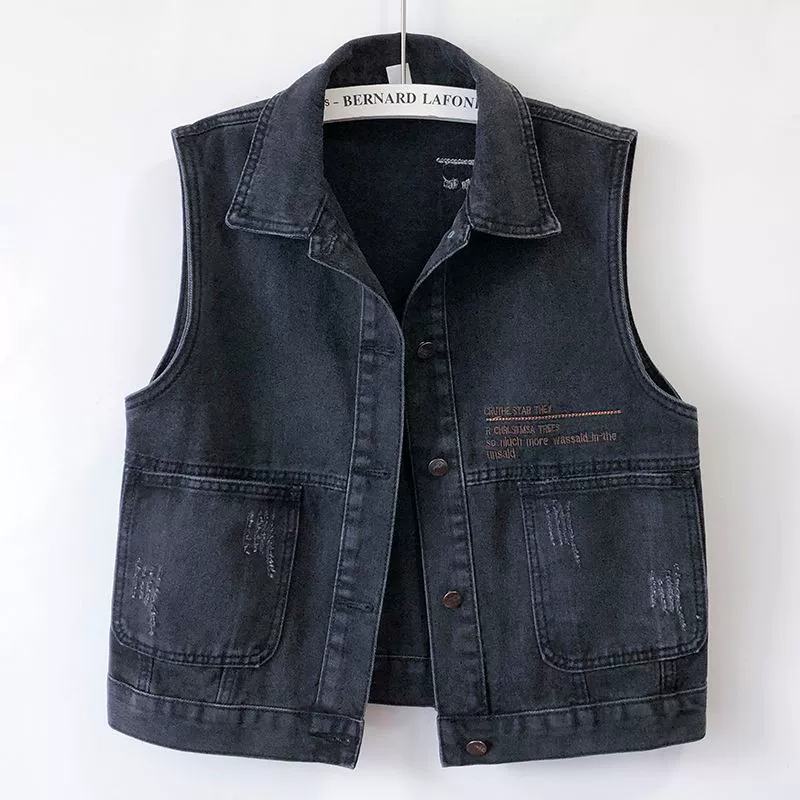 Европейский ретро черный короткий повседневный джинсовый жилет Женский жилет весна осень 2025 новый большой размер куртка женский