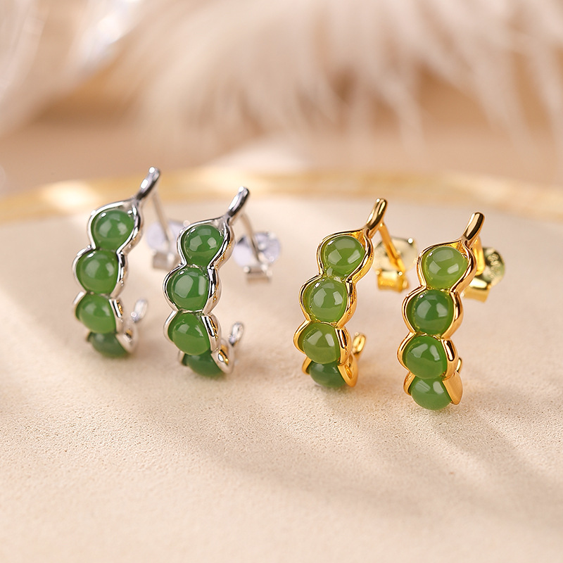 Bông tai nữ bạc S925 mạ vàng đính đá jasper hạt đậu phong cách trẻ trung — Kiểu mạ bạch kim