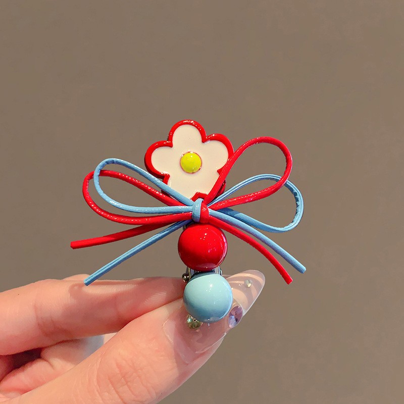 Korean Dongdaemun Sweet Red And Blue Color-Block Flower Bow Bangs Clip For Girls Tie Hairpin Hair Accessory_voghion.com