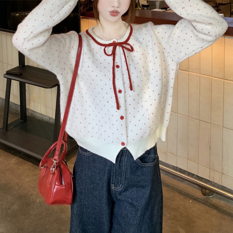 Bow Polka Dot Short Design Korean Lace-Up Knitted Cardigan Women's Sweater New Sweet Spring & Fall Jacquard Jacket