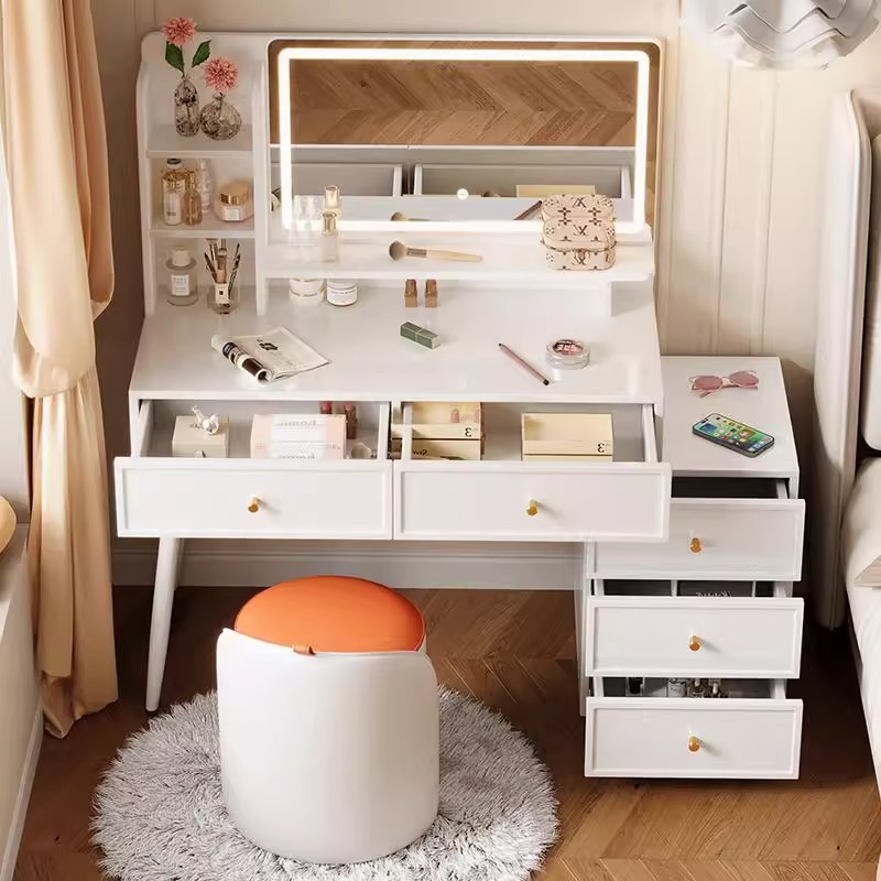 Comodador de estilo francés de estilo crema dormitorio simple y moderno hogar pequeño gabinete de maquillaje con lámpara LDE