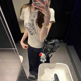 【260克人棉莫代尔】Kitty猫印花短袖T恤女新款修身美式辣妹上衣