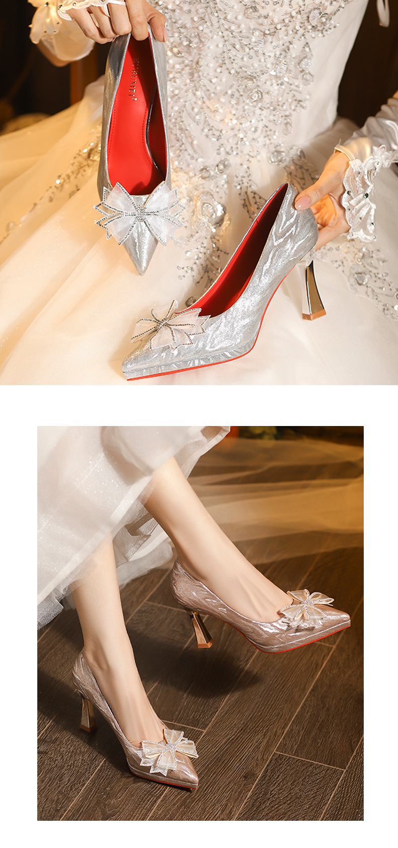Giày cao gót nữ mũi nhọn đế xuồng đính sequin — sâm panh chi tiết 7