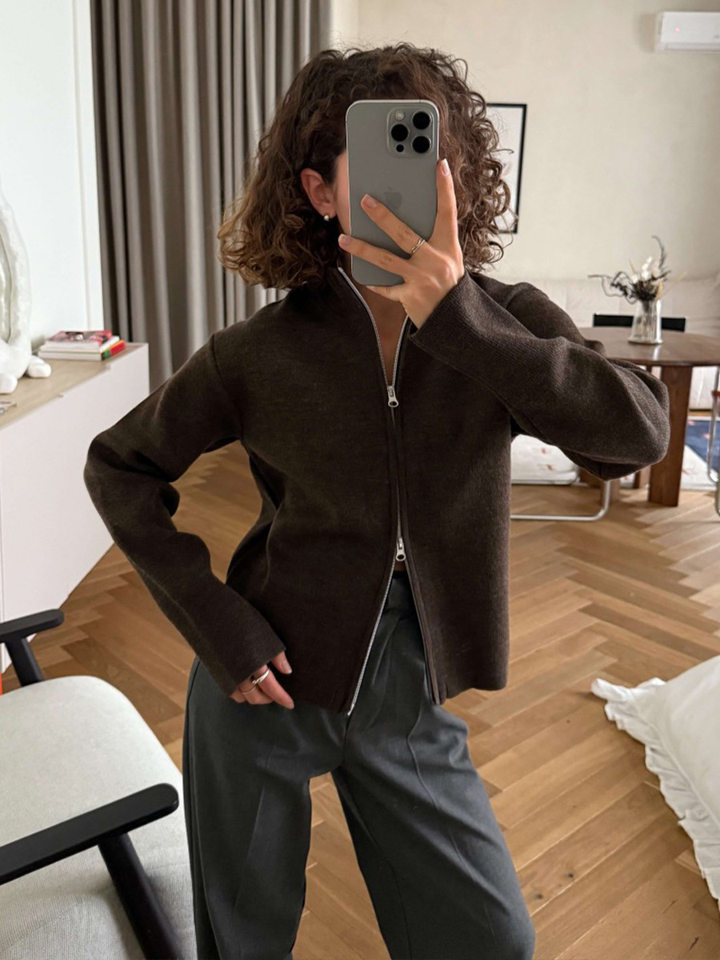 Áo khoác cardigan len dệt kim cổ đứng khóa kéo hai chiều dài tay — Màu nâu cà phê, Màu trắng, màu đen, màu đỏ chi tiết 20