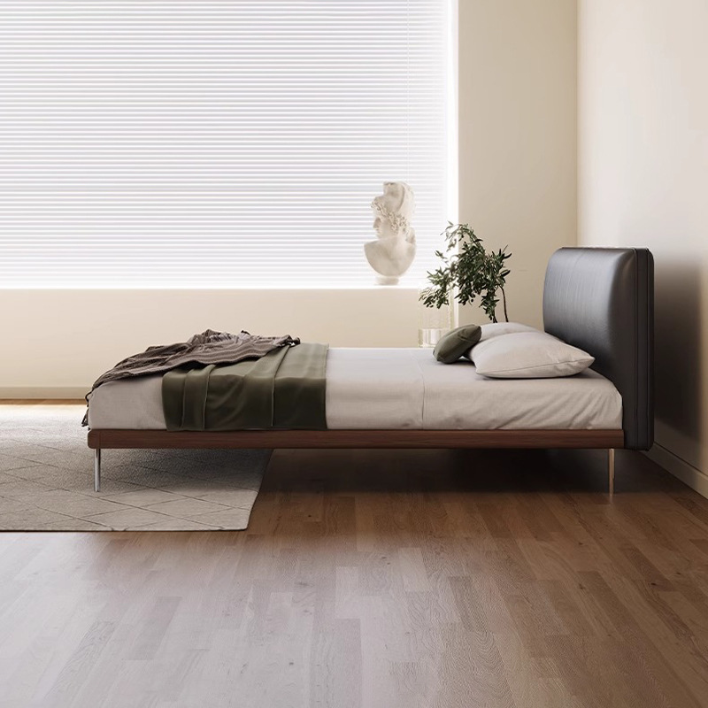 Cama de cuero minimalista italiana, cama negra delgada, cama de cabecera de estilo retro, cama de paquete suave moderna, cama de tofu delgada.