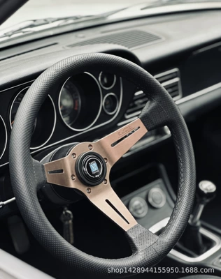 Factory Direct Sales, Cross-Border Hot-Selling Nardi Car Modification Concave Steering Wheel 14inch Black Line Perforated Leather Steering Wheel (Steering wheel) - titanium-color