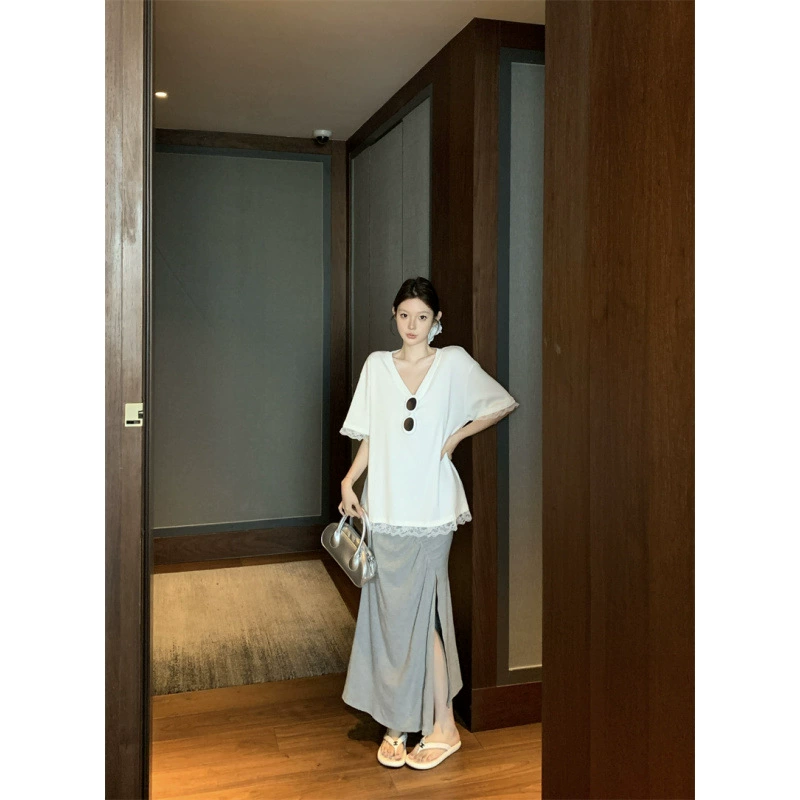 Реальный снимок и реальная цена, ленивая и удобная одежда, белая кружевная футболка с v-образным вырезом, женская юбка «рыбий хвост» с высокой талией, корейский костюм.