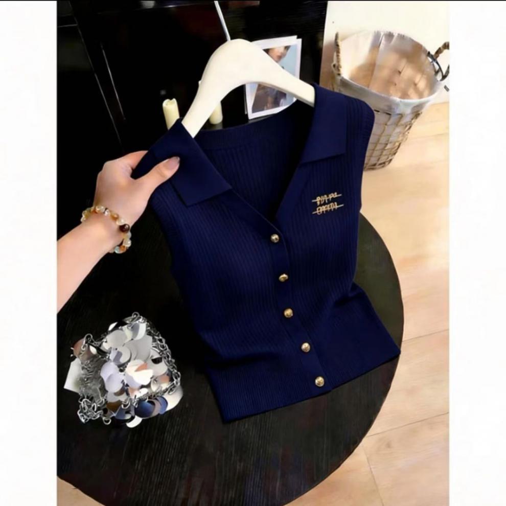 Summer New Style Women's Collared Sleeveless Knitted Vest Slim Fit Short Top_ecoleips.com