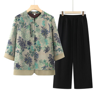 Mom's Suit 2025 Summer New Style Short-Sleeved Shirt Tops Middle-Aged and Elderly Women's Dignified and Elegant Two-Piece Set