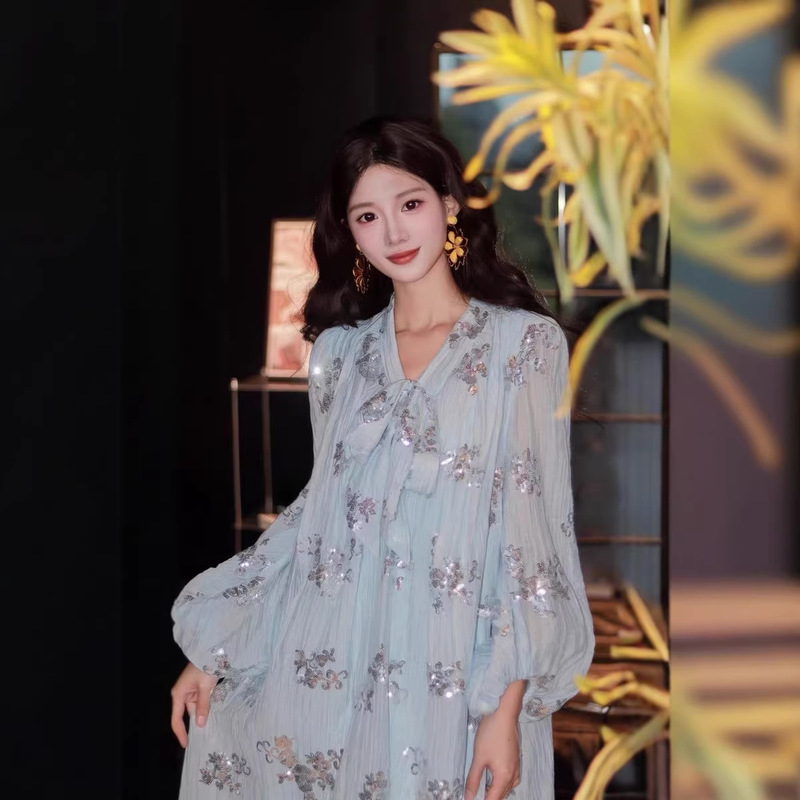 Luxurious Sequin Embroidery Dress 2026 New Summer High-End Light Luxury New Chinese Style Elegant Mid-Length Dress