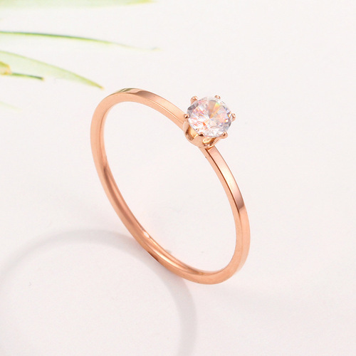New simple Korean style thin ring six-claw rose stainless steel ring titanium steel tail ring trendy ultra-fine single diamond jewelry