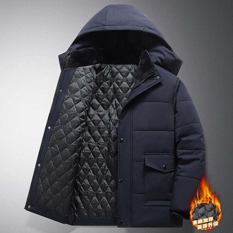 Invierno de mediana edad y ancianos forrado de vellón engrosado abrigo de algodón acolchado de los hombres chaqueta con capucha de los hombres versátil casual Mediados de longitud de algodón acolchado cálido abrigo de algodón acolchado