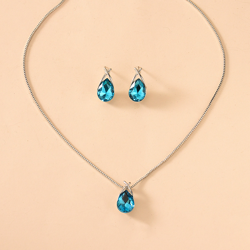 Transfronteriza europea y americana de las mujeres impresas rhinestone azul collar pendientes de dos piezas pendientes de novia de la boda collar traje