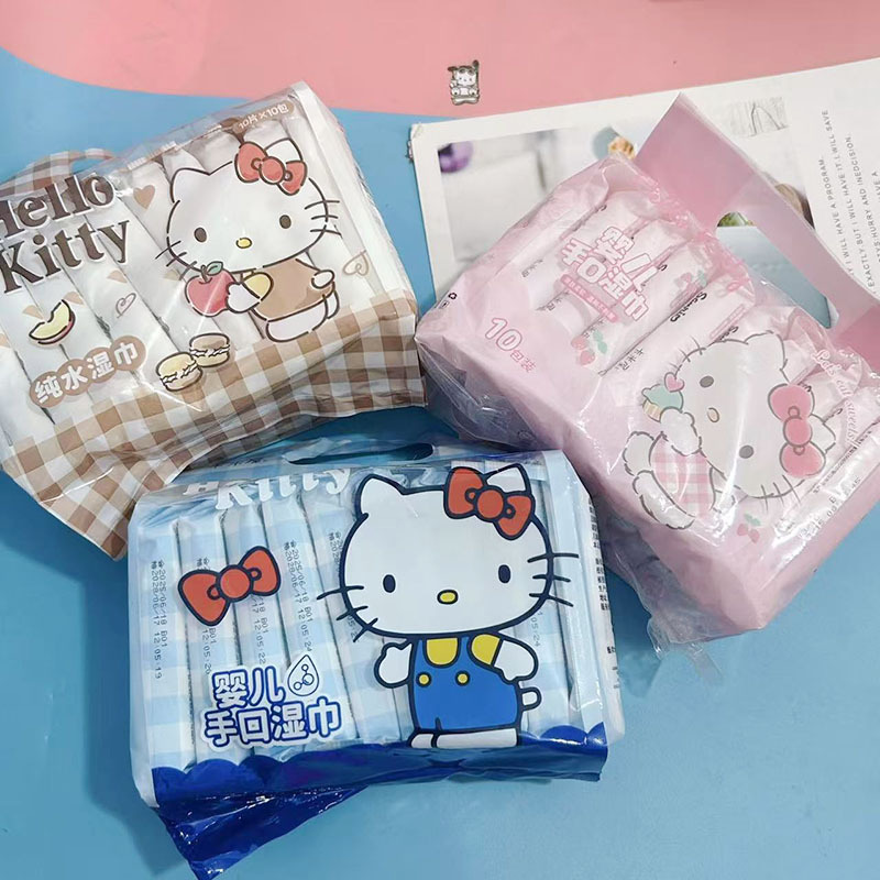 Kt Cat Wet Wipes 10 Pumps Student Portable Small Bag Wet Wipes Kidsren Disposable Hand and Mouth Cleaning Wet Wipes Baby Wipes