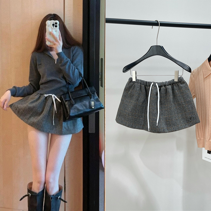 2025 Early Autumn Gray Fine Plaid Letter Logo Tweed Drawstring Skirt High Waist Slimming Look Leg Lengthening Age-Reducing Skirt for Women