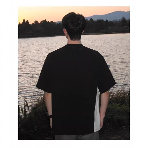Trendy fashion brandless American retro heavy pure cotton patchwork color-blocking men's T-shirt with a charming, lazy, Japanese-style vibe