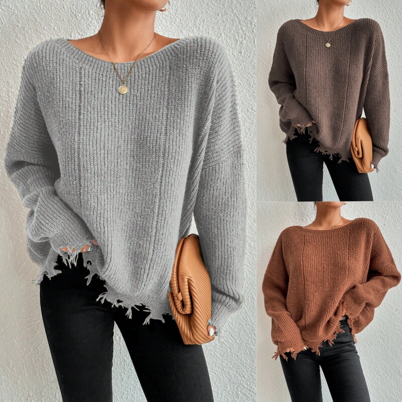 2025 European and American Cross-Border Amazon Women's Autumn and Winter Pure Color Round Neck Design Ripped Loose Large Size Knitted Sweater