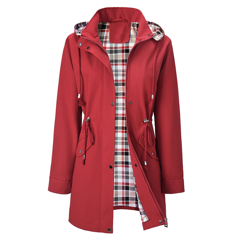 2025 New Women's Red Hooded Trench Coat Drawstring Waist Plaid Lined Waterproof Windproof Jacket
