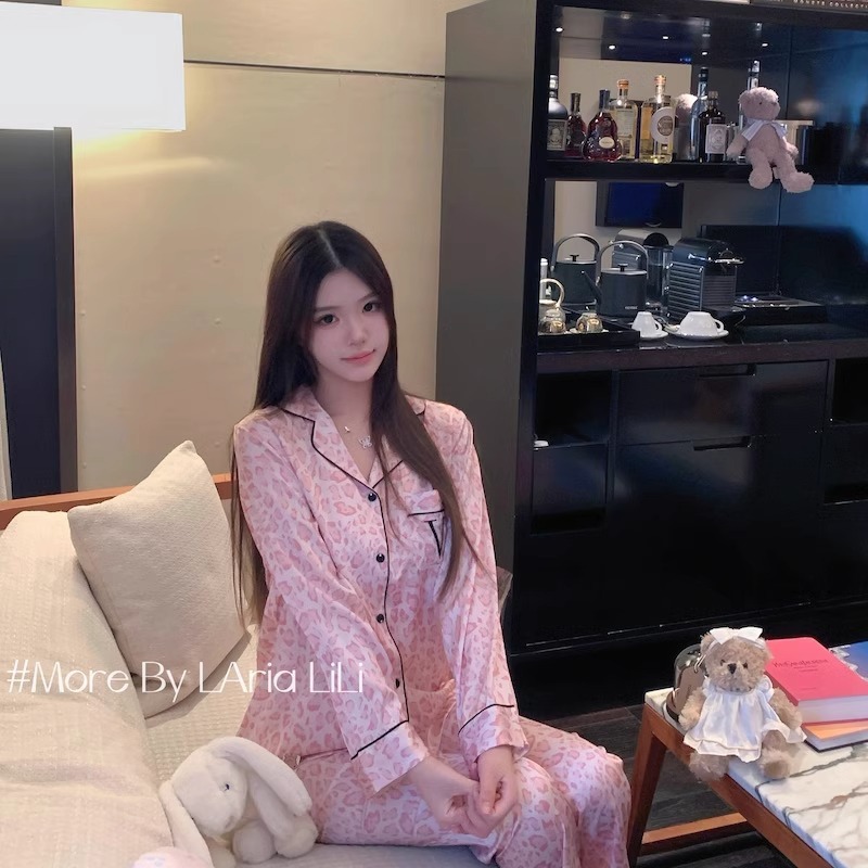 粉色豹纹V睡衣女仿真丝丝绸春秋冬长袖长裤简约高级家居服套装|undefined