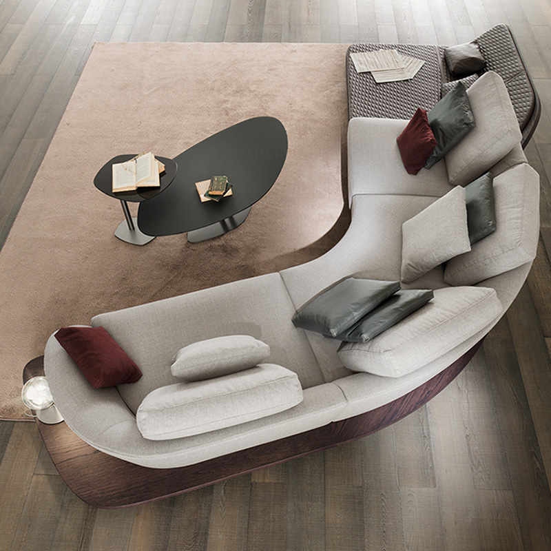 Sofá de tela italiana de lujo de alta gama para sala de estar o villa, sofá Ferrari de tela curvada irregular esmerilada