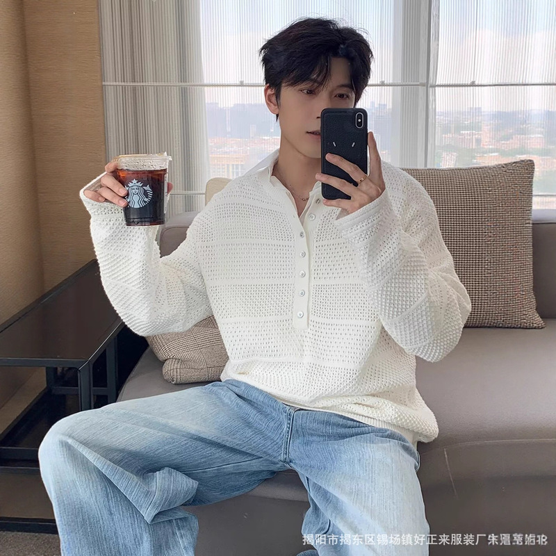 Vintage Trendy Brand Hollow-Out Lapel Sweater for Men, New Autumn and Winter Japanese Hong Kong Style Versatile Loose Casual Knitwear Vintage Trendy Brand Hollow-Out Lapel Sweater for Men, New Autumn and Winter Japanese Hong Kong Style Versatile Loose Casual Knitwear