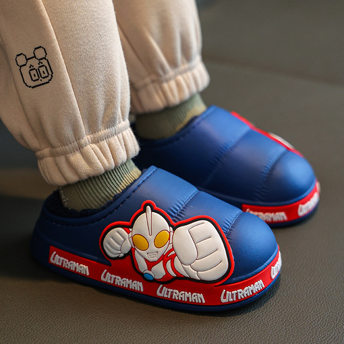 Ultraman winter children's cotton slippers for boys and girls, large, medium and small children's bags, warm and waterproof plus velvet baby cotton shoes