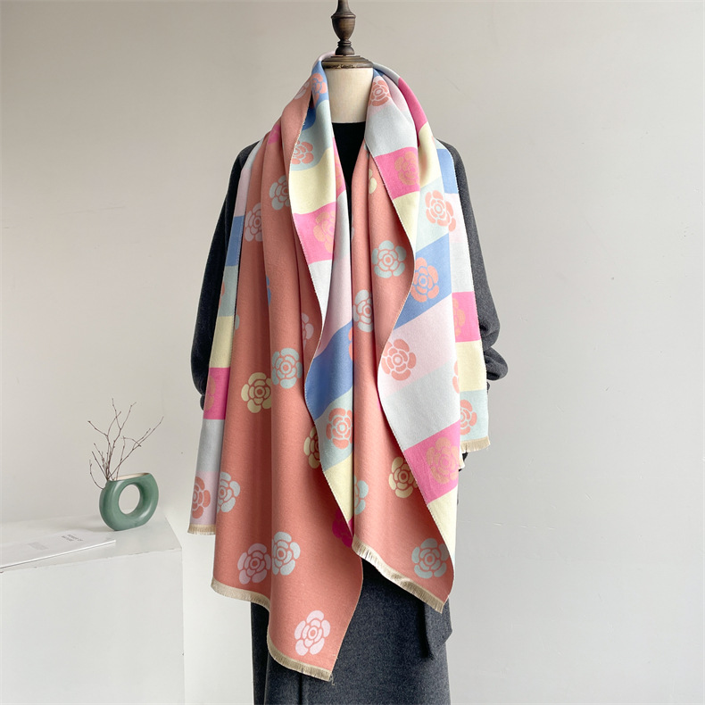 Camelia colorata per il lusso invernale femminile, dolce profumata in inverno, scialle spesso e caldo, sciarpa invecchiata_voghion.com