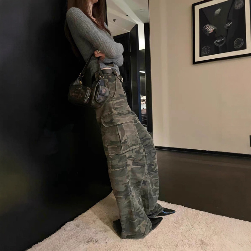 Eleven Stone 1 Treasure Camouflage American Pocket Cargo Pants for Women Petite Low Waist Loose Straight Wide Leg Casual Pants
