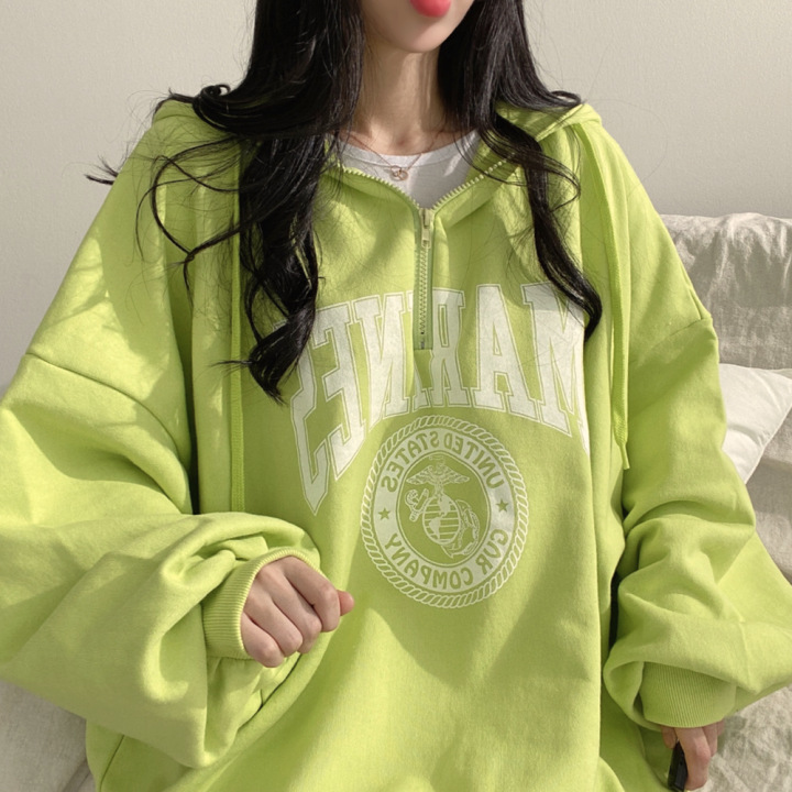 Cotton Zipper Hooded Sweatshirt Women's Korean-style Velvet Thickened Top All-match Spring Autumn Winter ns Fashionable Brand Loose Thin Cotton Zipper Hooded Sweatshirt Women's Korean-style Velvet Thickened Top All-match Spring Autumn Winter ns Fashionable Brand Loose Thin