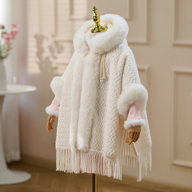 Capa rosa para niñas gruesa y cálida, ropa de Año Nuevo con capuzas largas, camisa, abrigo de cuello de pelo grande