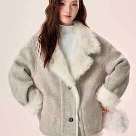 羊绒大衣领双面夹克外套女羊驼绒感小个子设计短款皮毛时尚韩版呢