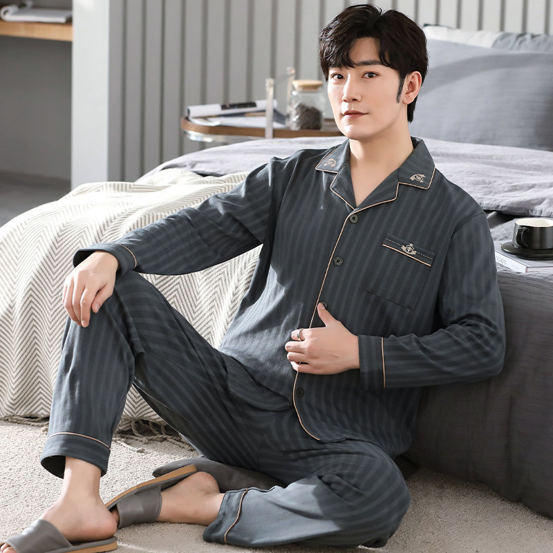 Pijamas de algodón los hombres traje manga larga primavera y otoño cardigan más tamaño desgaste exterior delgada desgaste del hogar verano
