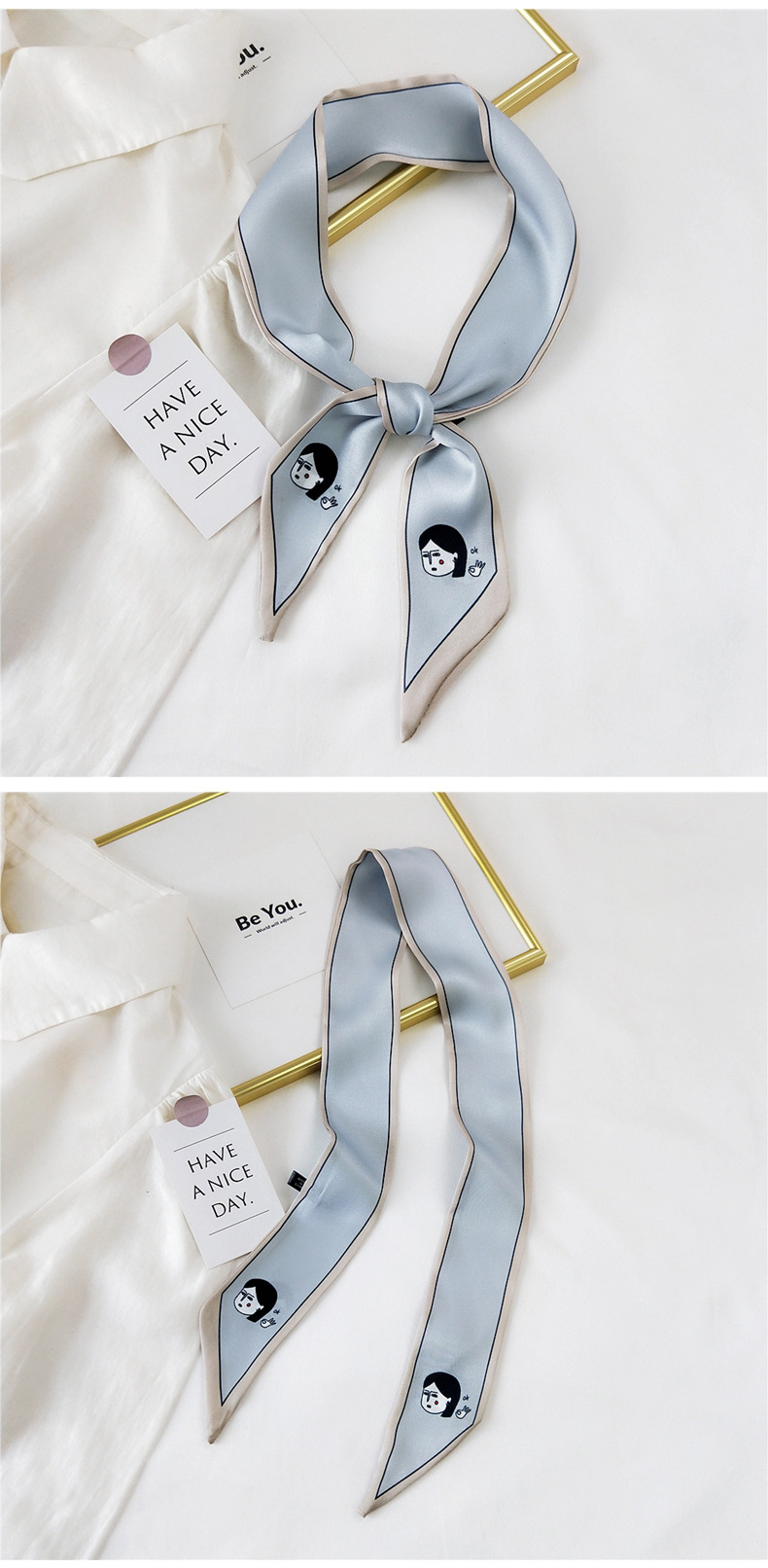 30g Weight Silk Scarf Classification Travel Occasion Unisex Gender Sweet Style Khaki, Grey, Pink, Purple, Red, Green, Blue, Black Color Fashion Streamer Printing Bow Silk Scarf Wholesale 21