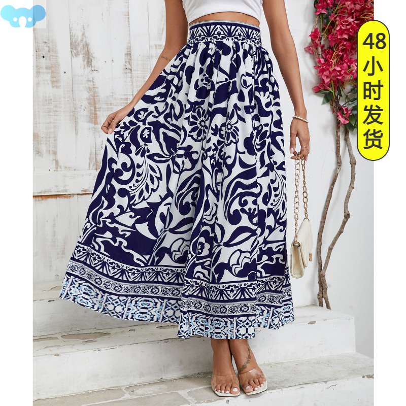 Summer digital printing celadon bustier skirt high waist夏季