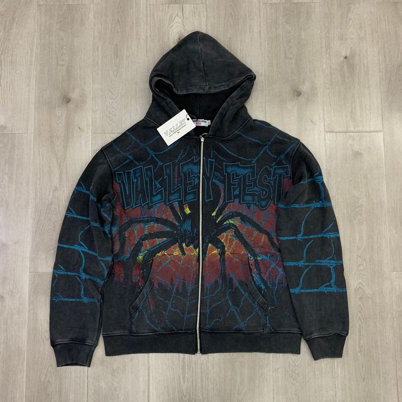 外贸跨境  男女Vale Big Widow Zip Up Hoodie蜘蛛网印花开衫卫衣|undefined