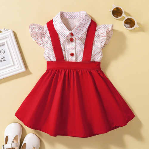 Children's Summer Polka Dot Lapel Top Baby Suspender Pleated Skirt Western Style Two-piece Set