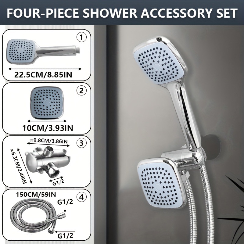 American-style square small hanging head set with bracket, three-way water distributor, explosion-proof flexible hose, square hand-held shower head cover Specification drawing