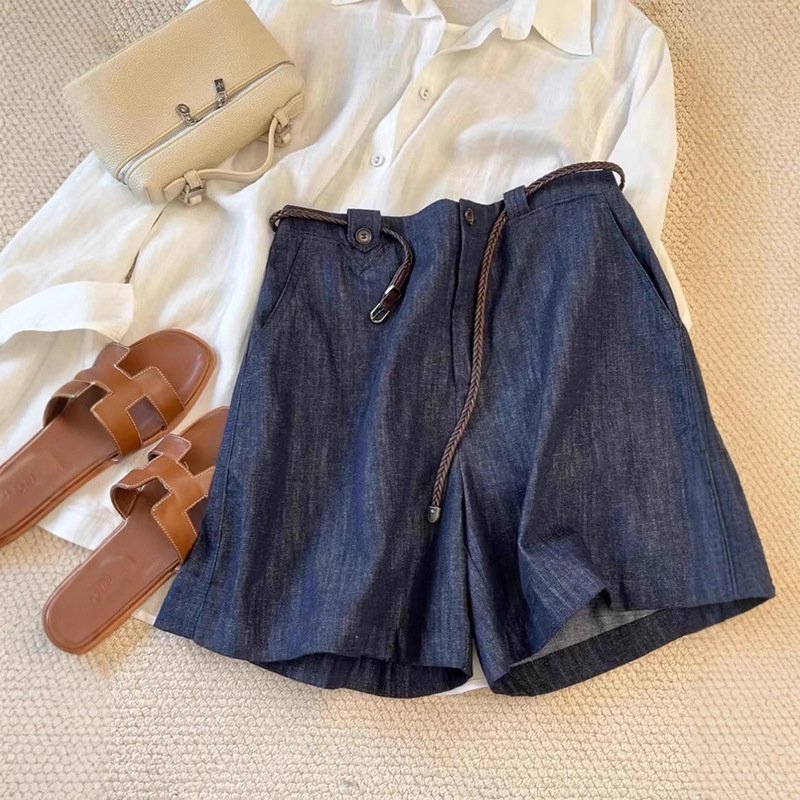 The body feeling of S addiction!!! Summer dark blue Linen Casual Pants Women's High Waist Micro Wide Leg Cotton Linen Thin Shorts