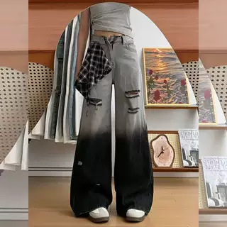 美式复古渐变色破洞牛仔裤女2025夏季新款高腰显瘦拖地阔腿裤长裤|undefined