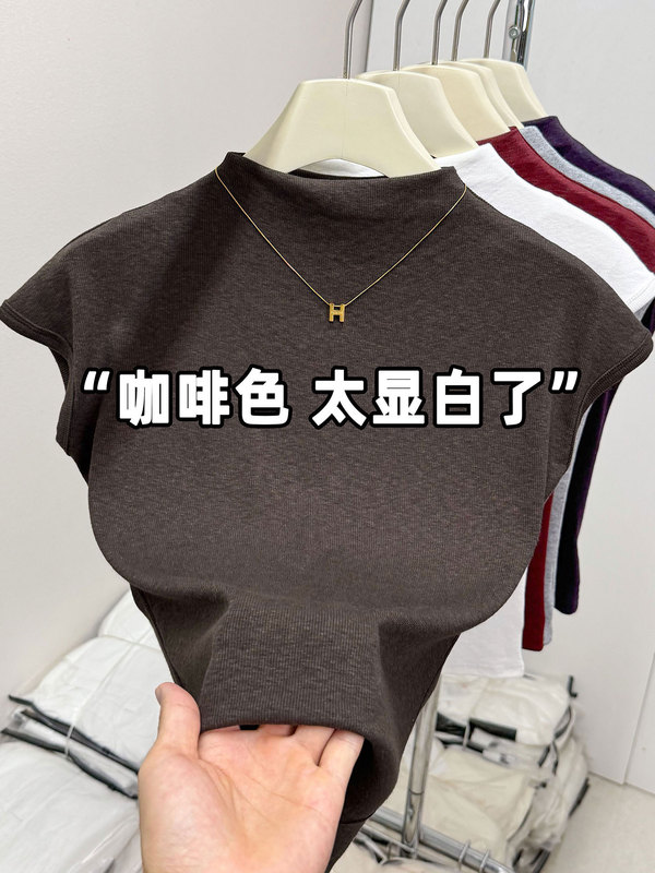 欧货半高领小飞袖T恤秋上衣女新款修身显瘦时尚短款内搭打底|undefined