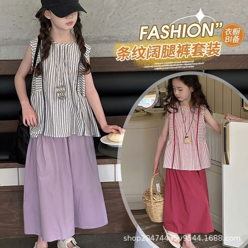 New Girls Sleeveless Top Suit 2025 Summer Style Big Kidsren's Vest Wide-Leg Nine-Point Pants Two-Piece Set