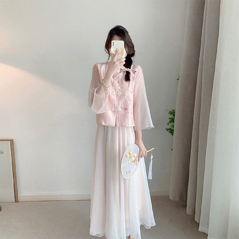 中国风粉色衬衫连衣裙子唐装套装新中式新款两件秋冬改良汉服女装
