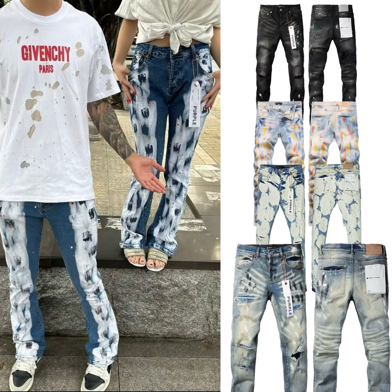 Correct Version of Cross-Border Wholesale Purple High Street Ripped Jeans Retro Patch Straight Pants Slim Fit Pants